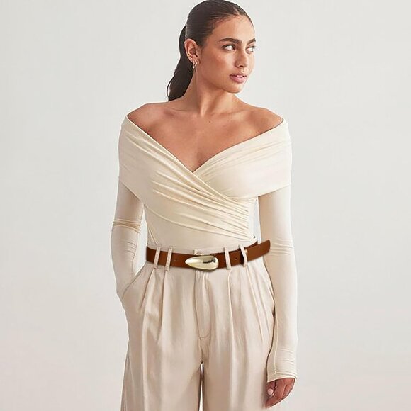 Women Leather Belt Synthetic Brown 35-39L Gold Buckle Casual Formal Accessory - Picture 6 of 6